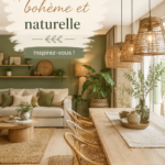 Salon avec une ambiance bohème et naturelle, comprenant des éléments en lin et des plantes vertes.