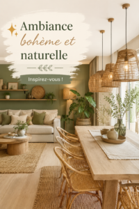 Salon avec une ambiance bohème et naturelle, comprenant des éléments en lin et des plantes vertes.