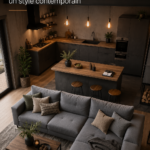 Aménagement moderne et chaleureux d'une cuisine-salon spacieux et accueillant.