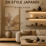 Intérieur décoré dans le style Japandi avec des éléments en bois et des couleurs neutres.