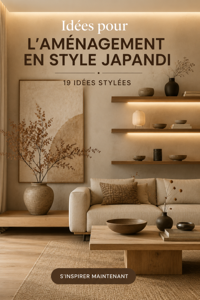 Intérieur décoré dans le style Japandi avec des éléments en bois et des couleurs neutres.