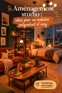 Aménagement de studio avec des meubles polyvalents et cosy.