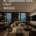 Visuel d'un appartement à Kyiv inspiré par le jeu Tetris, présentant des formes géométriques colorées.