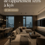 Visuel d'un appartement à Kyiv inspiré par le jeu Tetris, présentant des formes géométriques colorées.