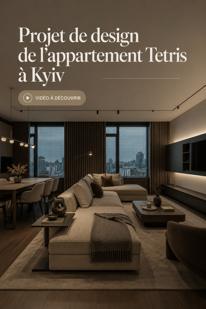 Visuel d'un appartement à Kyiv inspiré par le jeu Tetris, présentant des formes géométriques colorées.