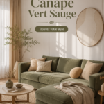 Salon moderne avec un canapé vert sauge et des coussins assortis, offrant une ambiance chaleureuse