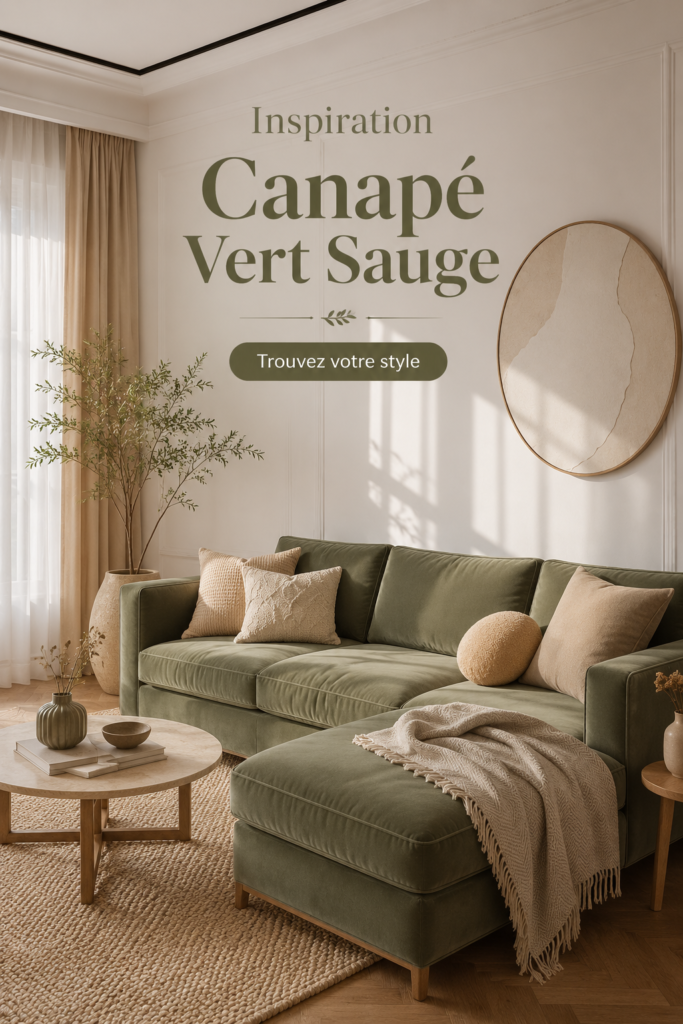 Salon moderne avec un canapé vert sauge et des coussins assortis, offrant une ambiance chaleureuse