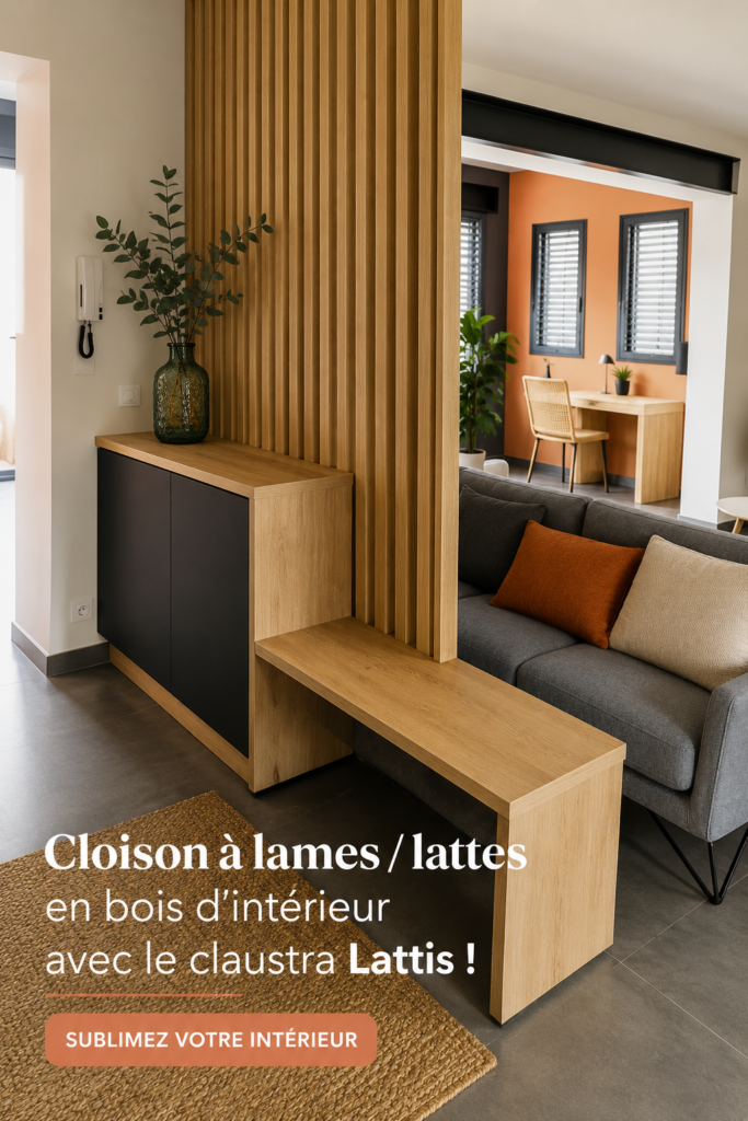Cloison en lattes en bois moderne séparant deux espaces dans un intérieur chaleureux.