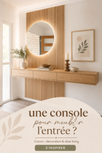 Console en bois stylisée dans une entrée moderne, décorée avec des accessoires assortis.