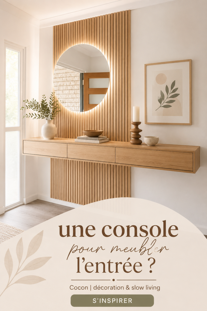 Console en bois stylisée dans une entrée moderne, décorée avec des accessoires assortis.