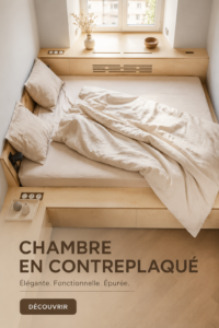 Chambre élégante avec des éléments en contreplaqué, créant une ambiance moderne et chaleureuse.