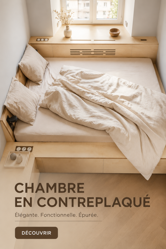Chambre élégante avec des éléments en contreplaqué, créant une ambiance moderne et chaleureuse.