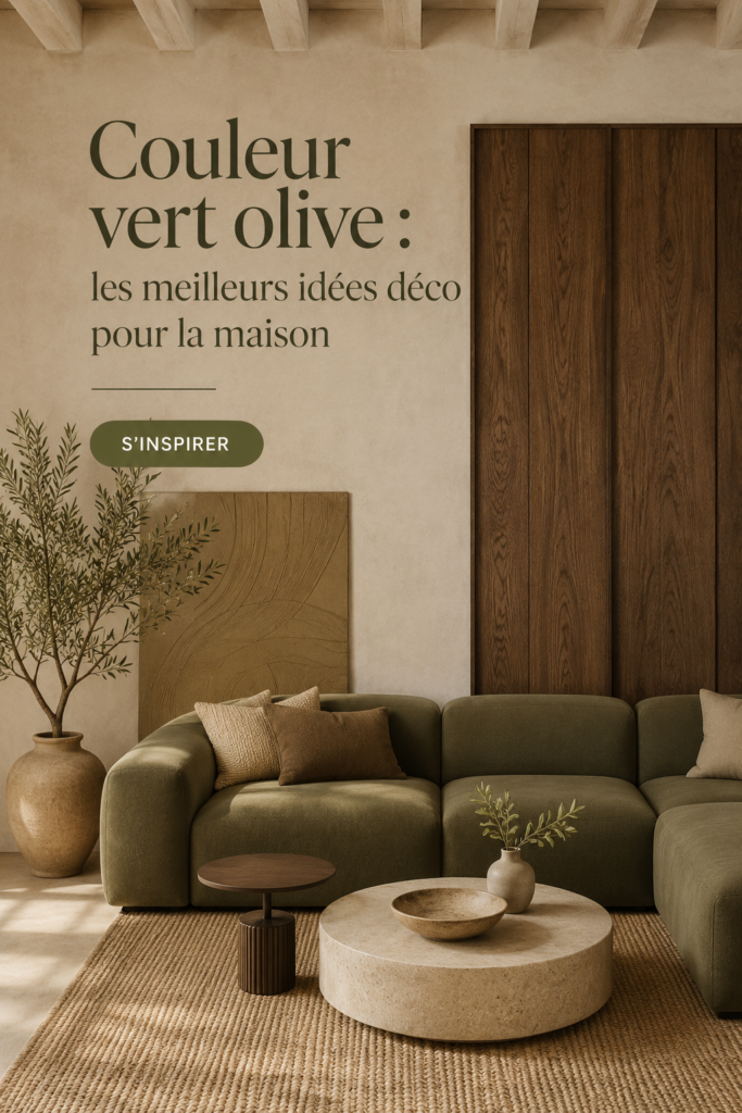 Un salon décoré avec des éléments en vert olive, créant une ambiance chaleureuse et moderne.