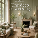 Intérieur de salon décoré en vert sauge apaisant et chaleureux.