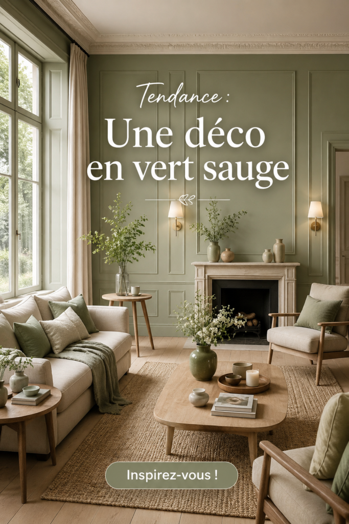 Intérieur de salon décoré en vert sauge apaisant et chaleureux.
