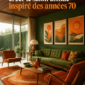 Un salon décoré dans un style années 70, réunissant confort et éléments vintage.