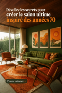 Un salon décoré dans un style années 70, réunissant confort et éléments vintage.