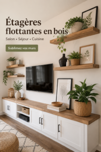 Étagères flottantes en bois décorées dans un salon accueillant avec des plantes et des livres