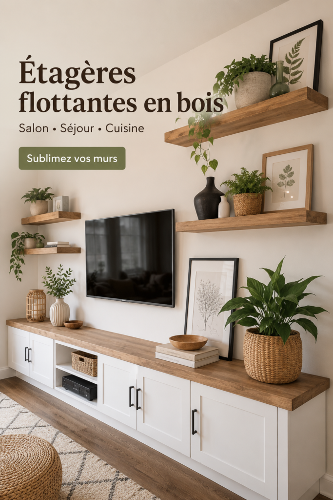 Étagères flottantes en bois décorées dans un salon accueillant avec des plantes et des livres