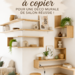 Murs de salon décorés avec des œuvres d'art et des étagères.