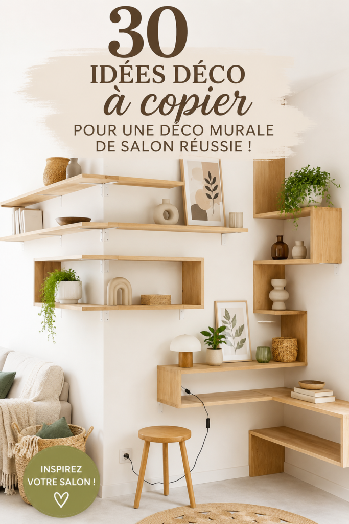 Murs de salon décorés avec des œuvres d'art et des étagères.