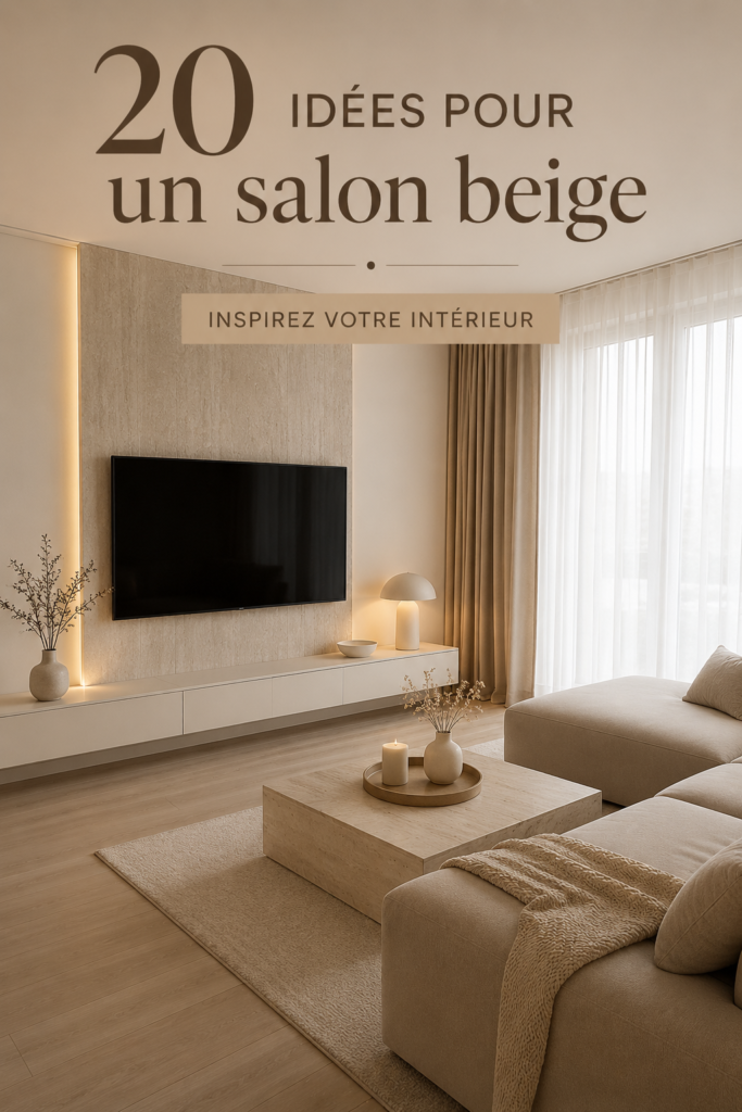 Salon décoré en beige avec des meubles confortables et des accessoires élégants.