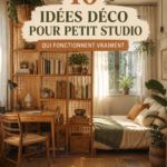 Un petit studio décoré avec des meubles pratiques et une palette de couleurs douce.