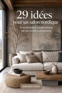 Salon décoré dans un style scandinave avec des couleurs douces et des meubles en bois