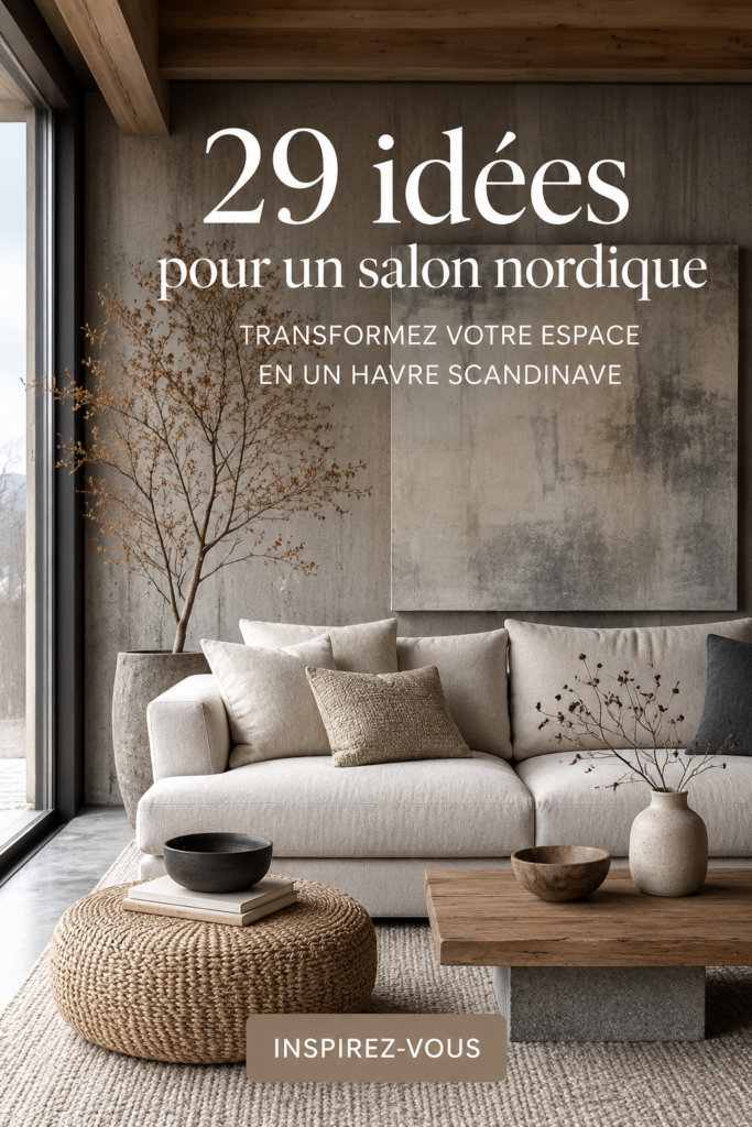 Salon décoré dans un style scandinave avec des couleurs douces et des meubles en bois