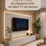 Salon de télévision moderne aménagé avec des couleurs douces et des meubles confortables.