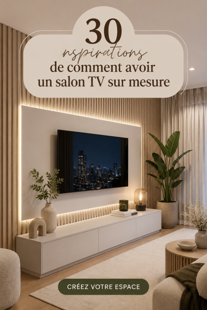 Salon de télévision moderne aménagé avec des couleurs douces et des meubles confortables.