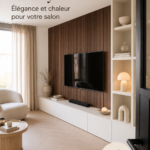Un salon chaleureux avec des meubles en noyer élégants et accueillants.