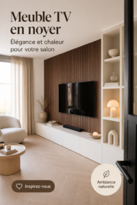Un salon chaleureux avec des meubles en noyer élégants et accueillants.