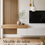 Un salon élégant avec un mobile en bois sur mesure, apportant une touche chaleureuse à l'espace.