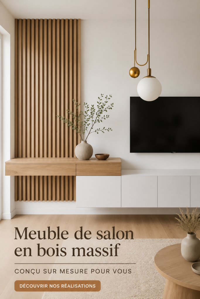 Un salon élégant avec un mobile en bois sur mesure, apportant une touche chaleureuse à l'espace.