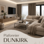 Plafonnier DUNKIRK en nickel poli illuminant un salon moderne