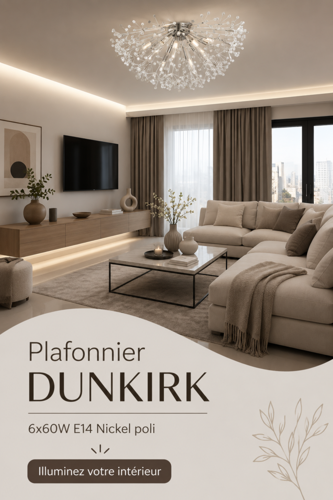 Plafonnier DUNKIRK en nickel poli illuminant un salon moderne