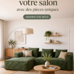 Salon confortable avec des pièces uniques et décoratives qui personnalisent l'espace.
