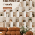 Un salon moderne avec une bibliothèque murale élégante et accueillante.