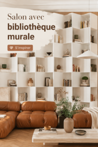 Un salon moderne avec une bibliothèque murale élégante et accueillante.