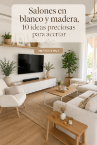 Salon élégant en blanc et bois avec décoration chaleureuse
