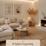 Un salon cocooning beige et blanc avec un canapé confortable et des coussins moelleux.