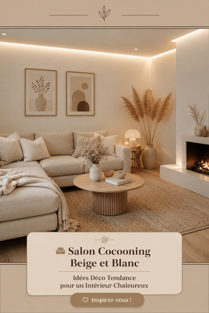 Un salon cocooning beige et blanc avec un canapé confortable et des coussins moelleux.