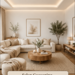 Salon cocooning en bois et blanc avec des éléments de décoration chaleureuse.