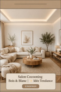 Salon cocooning en bois et blanc avec des éléments de décoration chaleureuse.