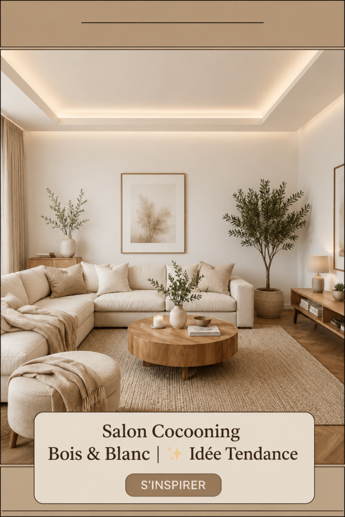 Salon cocooning en bois et blanc avec des éléments de décoration chaleureuse.