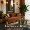 Un salon moderne au style Art Déco, mettant en avant des lignes géométriques et des couleurs élégantes.
