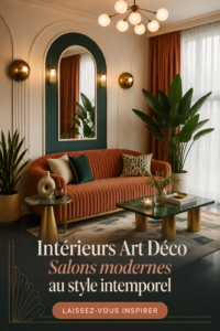 Un salon moderne au style Art Déco, mettant en avant des lignes géométriques et des couleurs élégantes.