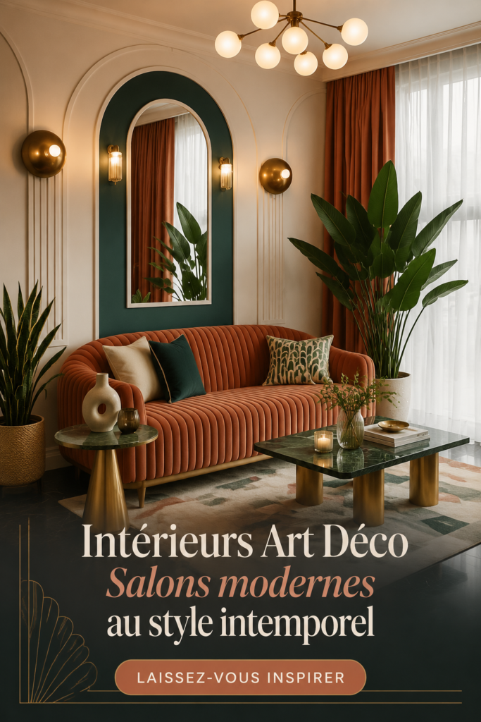 Un salon moderne au style Art Déco, mettant en avant des lignes géométriques et des couleurs élégantes.