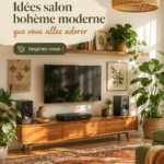 Salon moderne au style boho avec des éléments naturels et des couleurs apaisantes